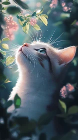 Domestic cat observing flowers in soft garden light.