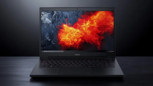 Midnight gaming laptop ignites with cinematic lava storm.