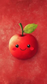 Smiling kawaii apple beaming against playful scarlet backdrop.