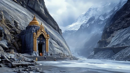 Golden mountain temple welcomes visitors in a frozen valley