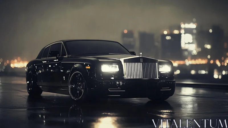 Midnight luxury sedan shining over rain soaked city streets.