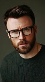 Intense bearded man in tortoiseshell glasses portrait study.