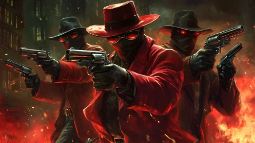 Crimson gunmen in fedoras advance through blazing cityscape.