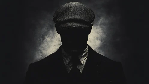 Mysterious man in flat cap silhouette against smoky light.