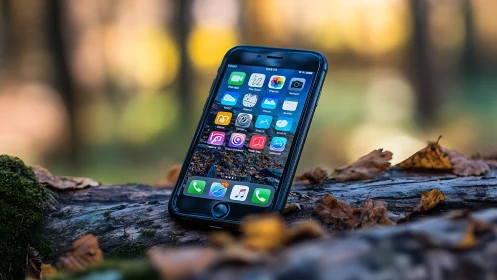 Digital Companion Rests on Nature's Canvas Among Autumn Leaves