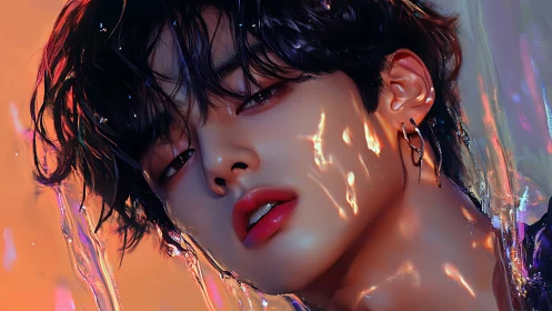 Digital portrait of androgynous figure in liquid light.