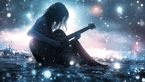 Silhouetted guitarist performs amid luminous winter snowfall