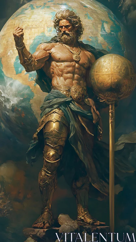Mythic warrior god before colossal celestial globe.