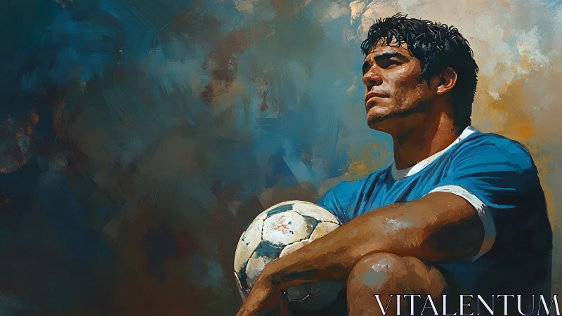 Thoughtful footballer pauses with the ball in warm light