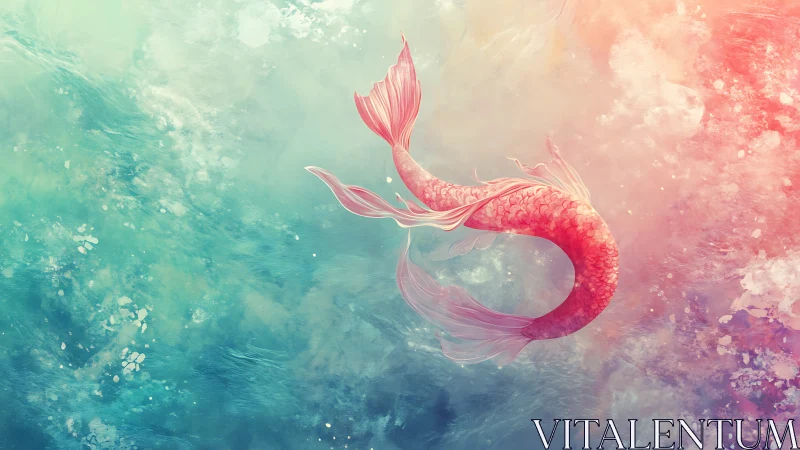 Pink fish silhouette in abstract multicolor aquatic space.
