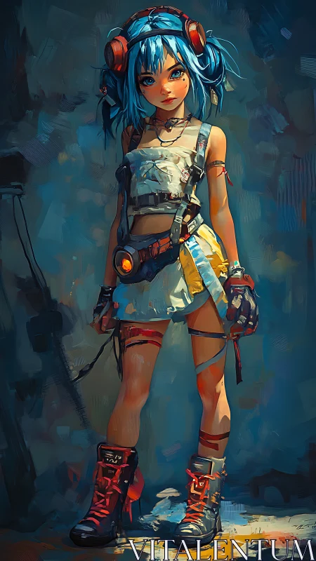 Blue-haired street tinkerer in patched cyberpunk attire