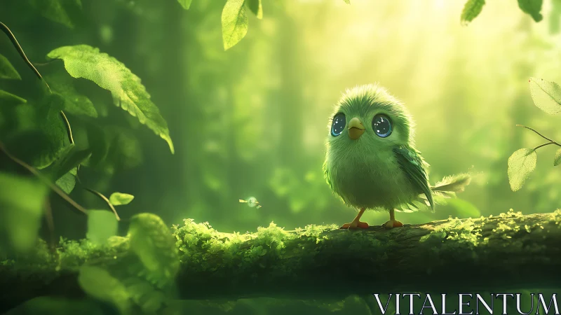 Adorable green cartoon bird on mossy branch in magical forest.