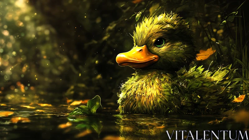 Gentle forest duckling drifting in glowing golden water.