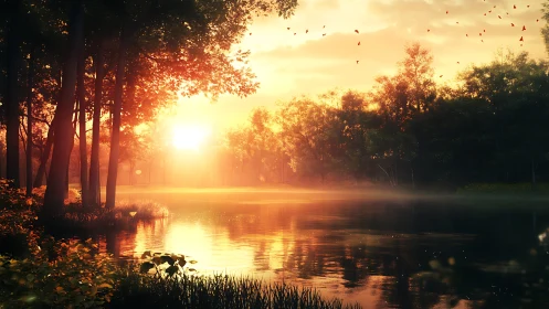 Sunlit forest lake is rendered with strong backlighting