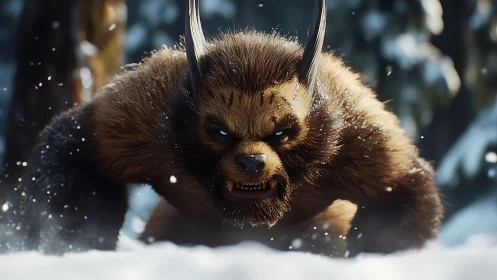 Horned bestial predator lunging through dynamic winter snowfall