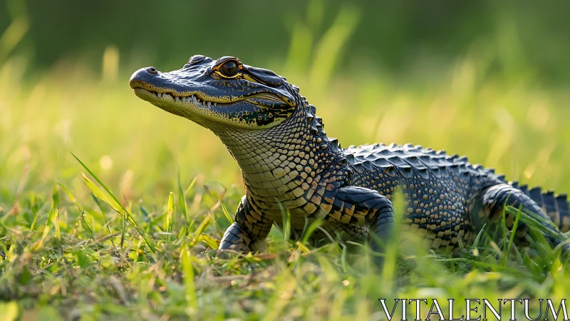 Young alligator resting alertly in sunlit green grass.