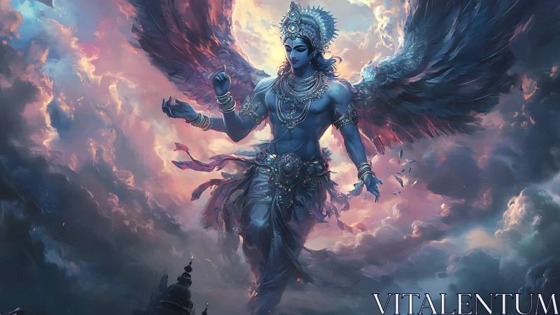 Winged celestial deity strides through stormlit heavens.