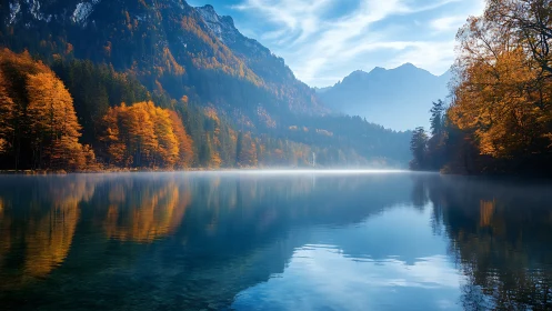 Autumn lake reflection under misty mountains at sunrise.