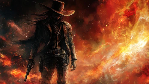 Lone gunslinger strides through swirling cosmic firestorm