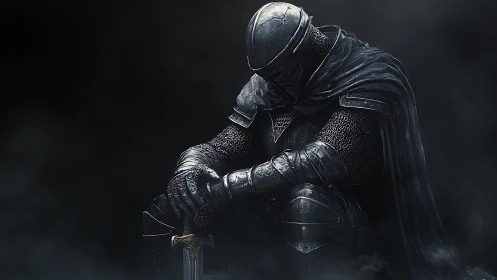 Armored knight rests in shadowed fog with sword grounded