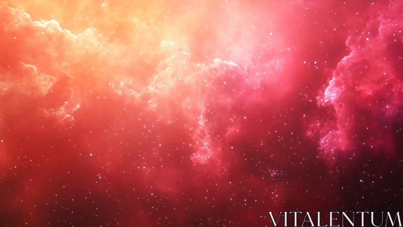 Radiant red nebula glows softly across a distant starfield