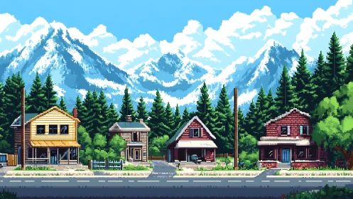 Pixel art mountain suburb under clear sky with layered depth
