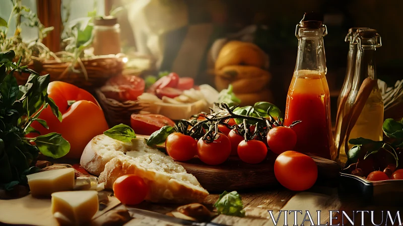 Rustic still life with tomatoes, cheese, herbs, warm light.