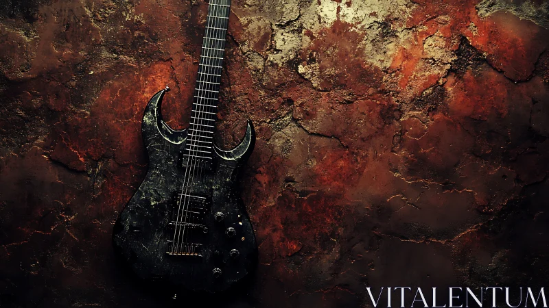 Electric guitar rests against corroded, textured wall surface