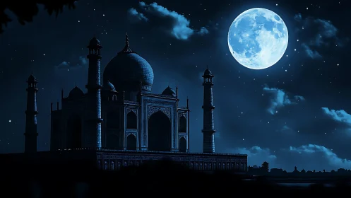 Taj Mahal stands in moonlit night with high contrast shadows