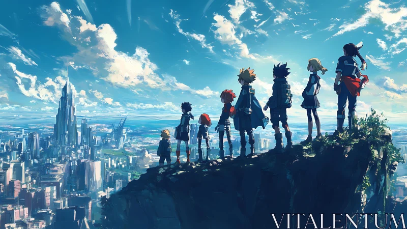 Anime skyline odyssey with silhouetted youth ensemble on cliff edge.