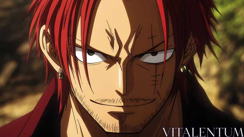 Close-up anime portrait of red-haired scarred male character