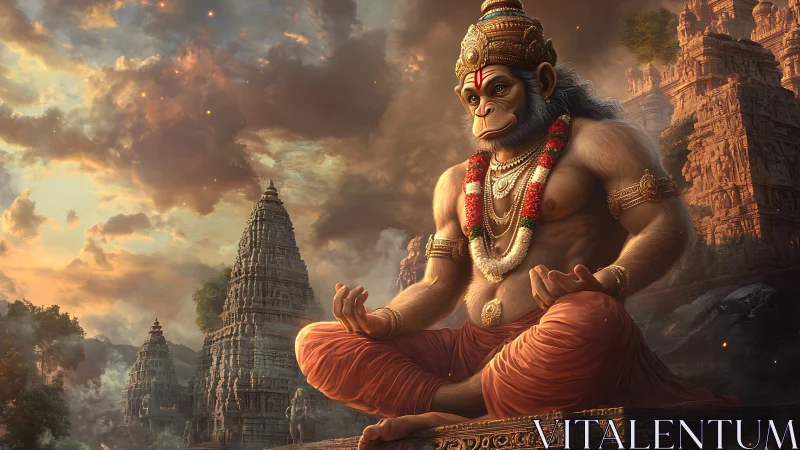 Sky-burnished temples cradle a meditating monkey deity in firelit calm