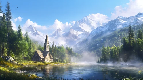 Mountain lake landscape with chapel and conifer forest.