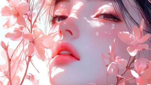 Hyperreal sakura portrait with translucent petals and tears