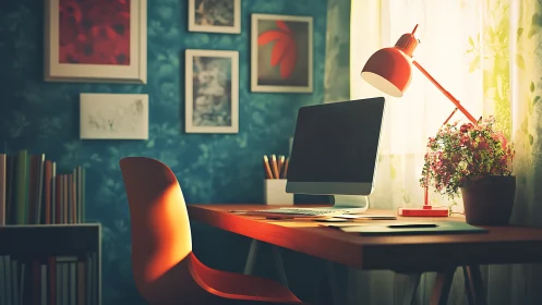 Warm daylight home office desk with monitor, lamp, and plant