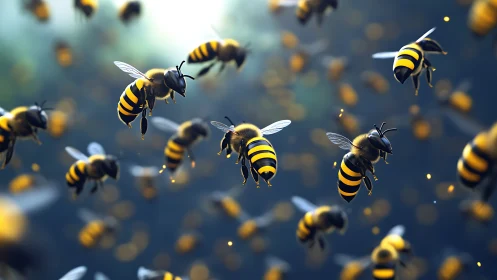 Busy honeybee helpers dancing through golden summer air.