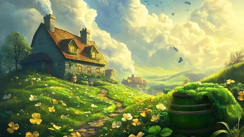 Luminous cottage landscape with clover meadow under volumetric clouds