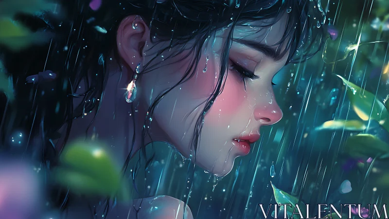 Side profile of wet woman in rain with foliage details.