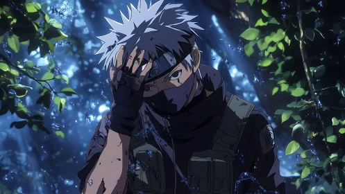 Moonlit kunoichi pauses as rain carves silver secrets