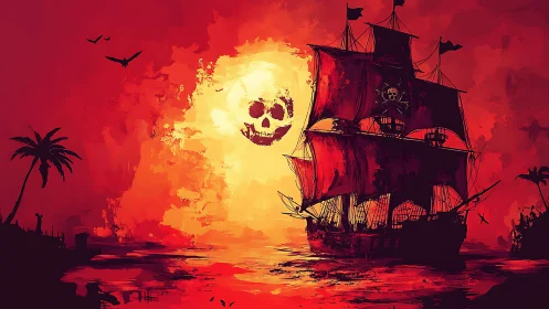 Blood-red pirate galleon sails toward a sinister burning sun