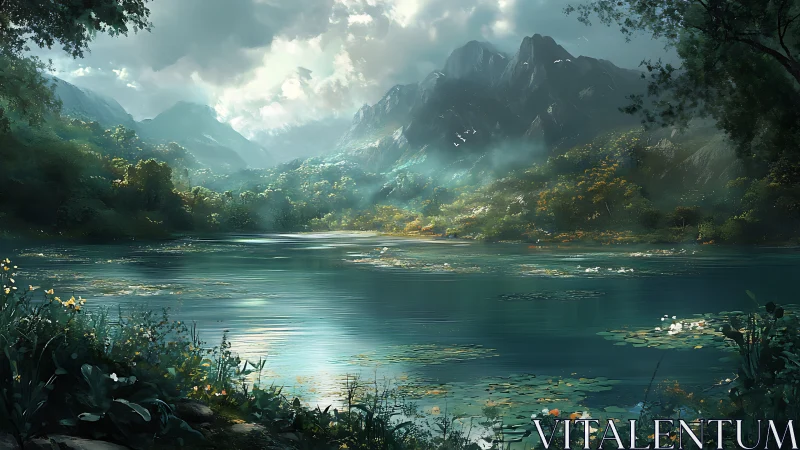 Mountain lake valley under misty sunrise light. Period