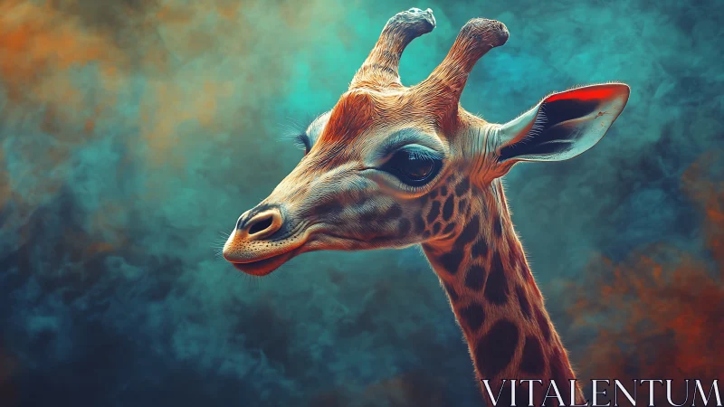 Digital giraffe portrait with diffuse teal orange background.