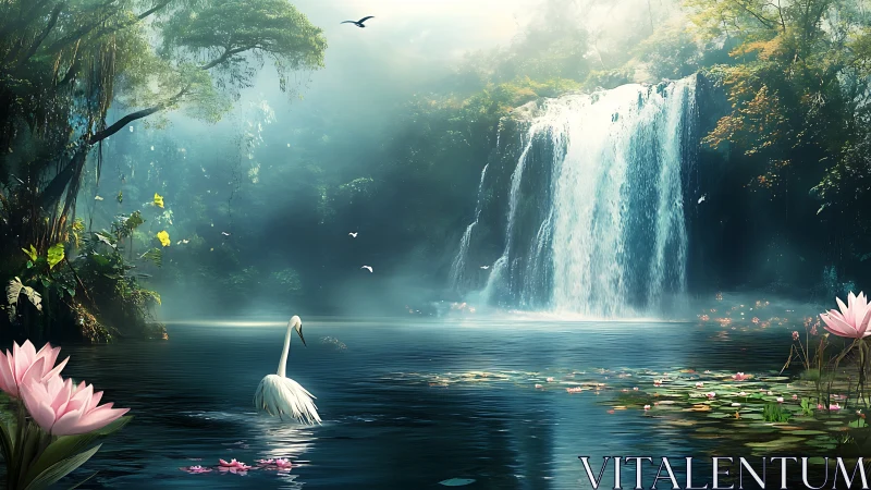 Digital painting of swan lagoon before misty rainforest waterfall.