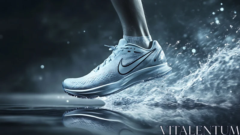 Dynamic running shoe suspended mid-stride in kinetic splash lighting