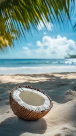 Halved coconut rests on sunlit sand beside tropical sea