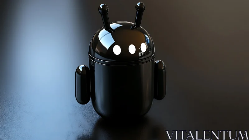 Glossy black antenna robot figurine on reflective surface