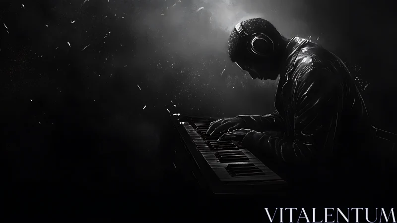 Monochrome digital portrait of immersed electronic keyboardist.