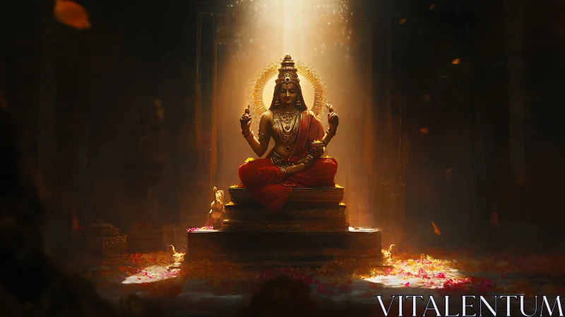 Seated multi-armed deity statue under focused temple light.