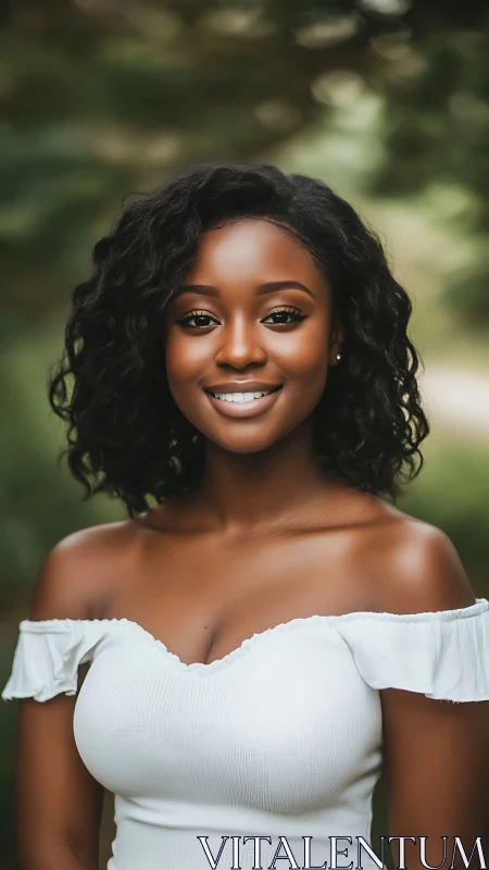 Photorealistic outdoor portrait with soft bokeh background.