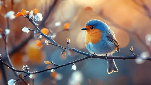Vibrant robin perched on frosty branch in dreamy autumn light.
